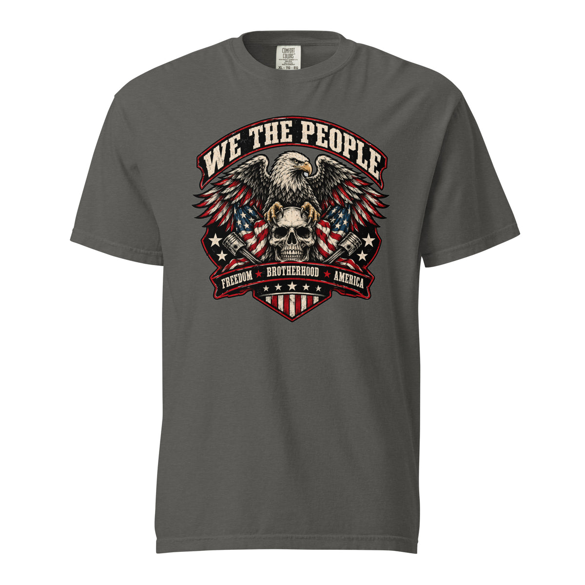 gray men's t-shirt with "we the people" across the top and an eagle standing on a skull graphic below, with written "Freedom Brotherhood America" at the bottom