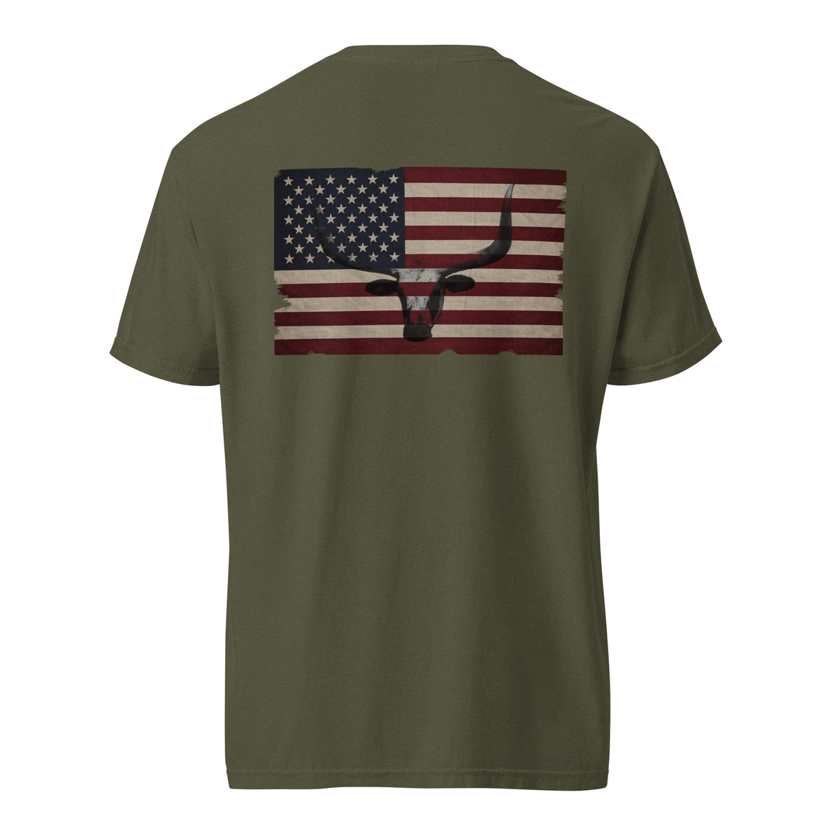 men's longhorn head and distressed American flag design back green t-shirt