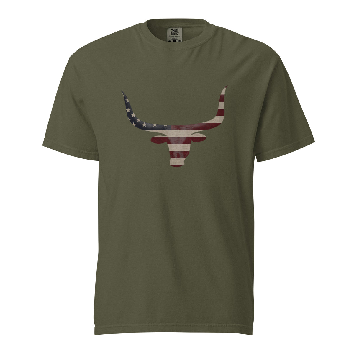 men's longhorn head and American flag design green t-shirt