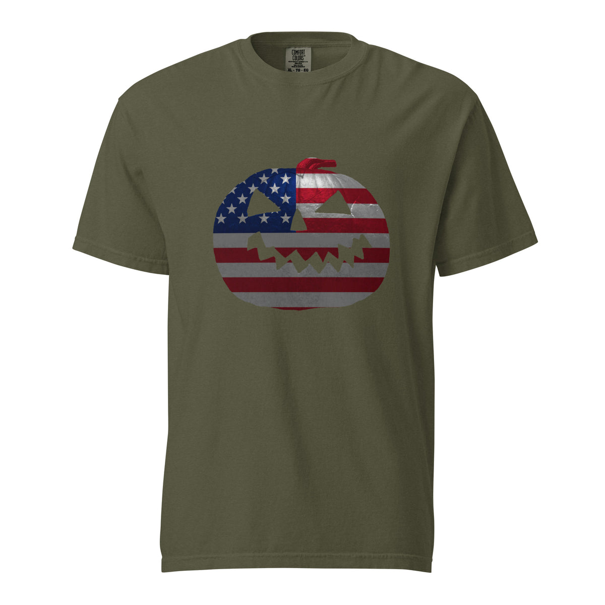 green mens Halloween t-shirt with a jack-o-lantern pumpkin design and American flag