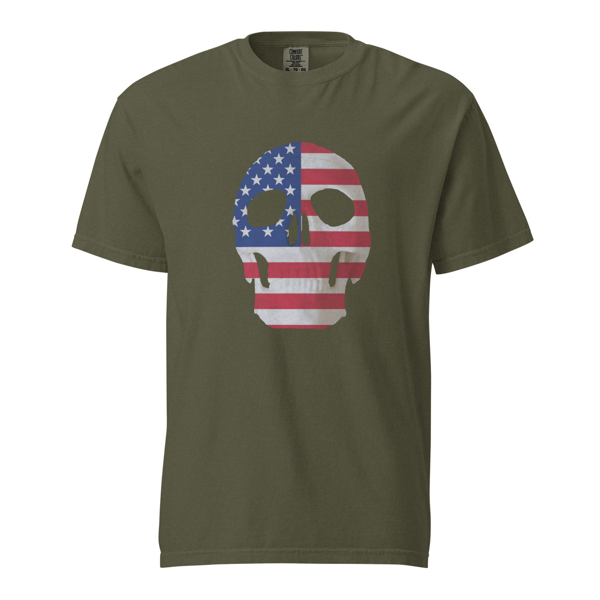 Men's green t-shirt for Halloween with a skull and American flag combination on the front