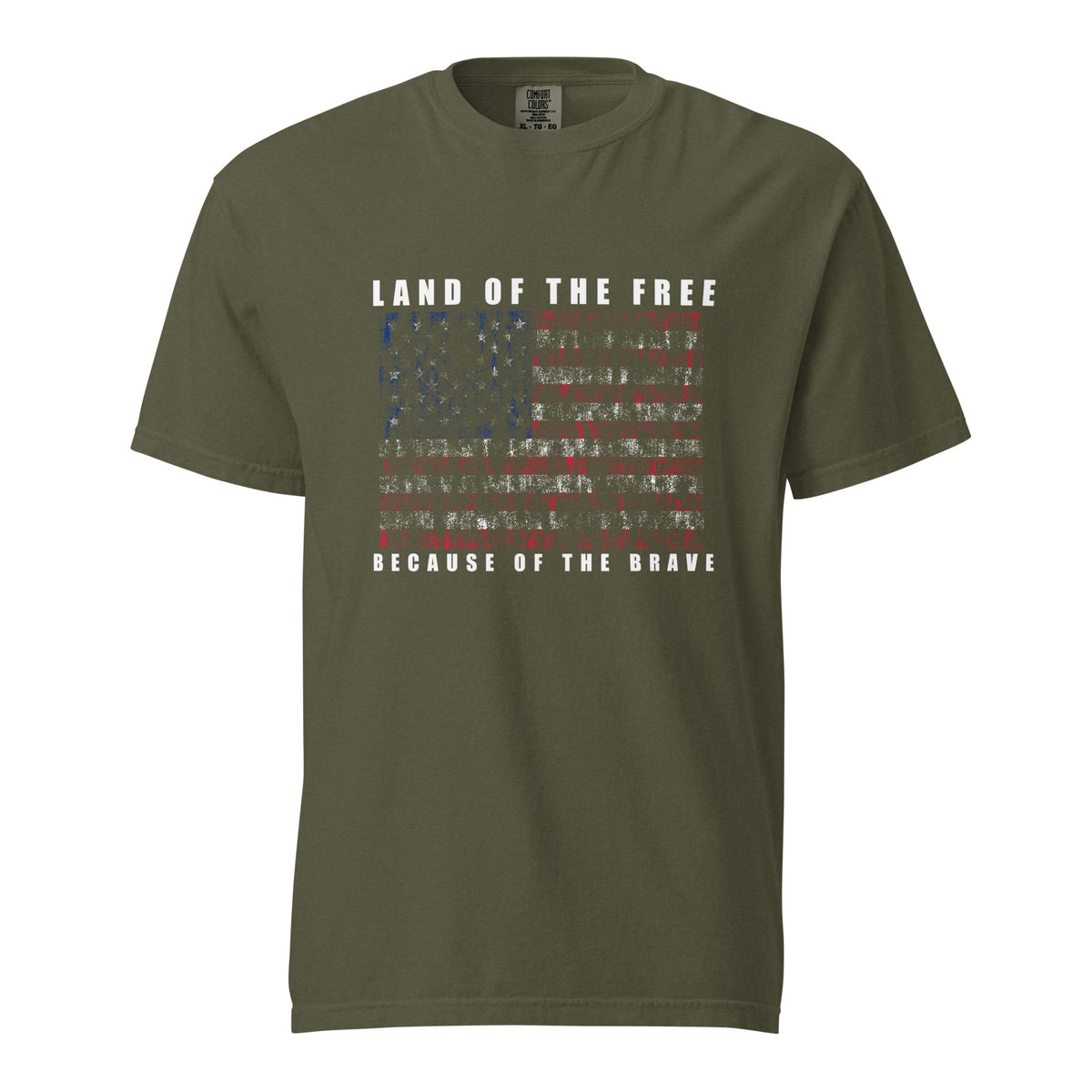 Men's green t-shirt with land of the free because of the brave written above and below a distressed American flag design