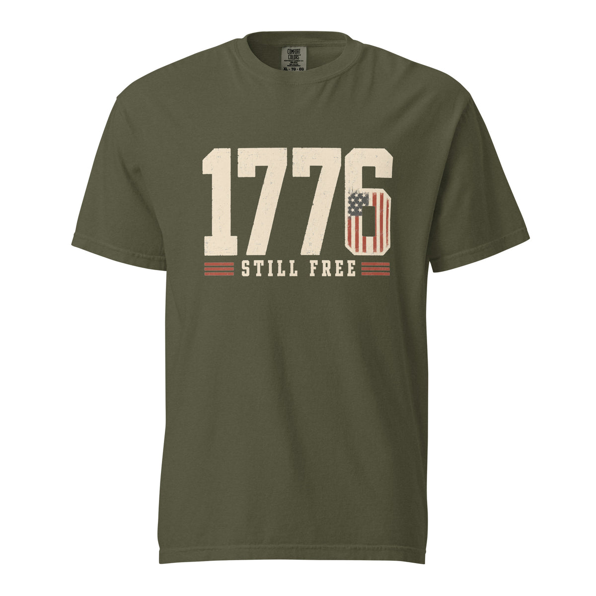 Green men's t-shirt with 1776 in big letters and still free written beneath it