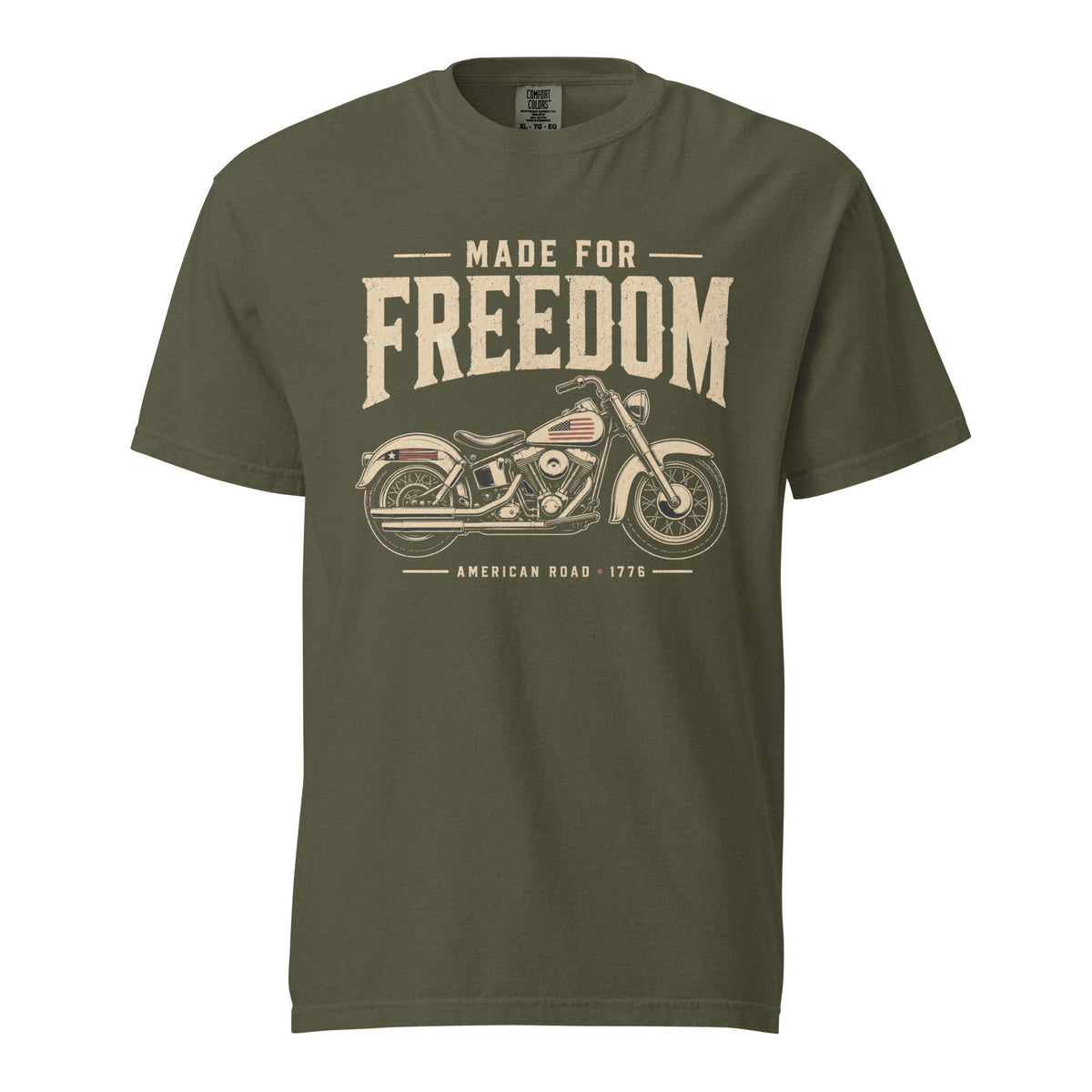 Men's green t-shirt that says Made for Freedom above a classic motorcycle graphic, and American Road 1776 at the bottom