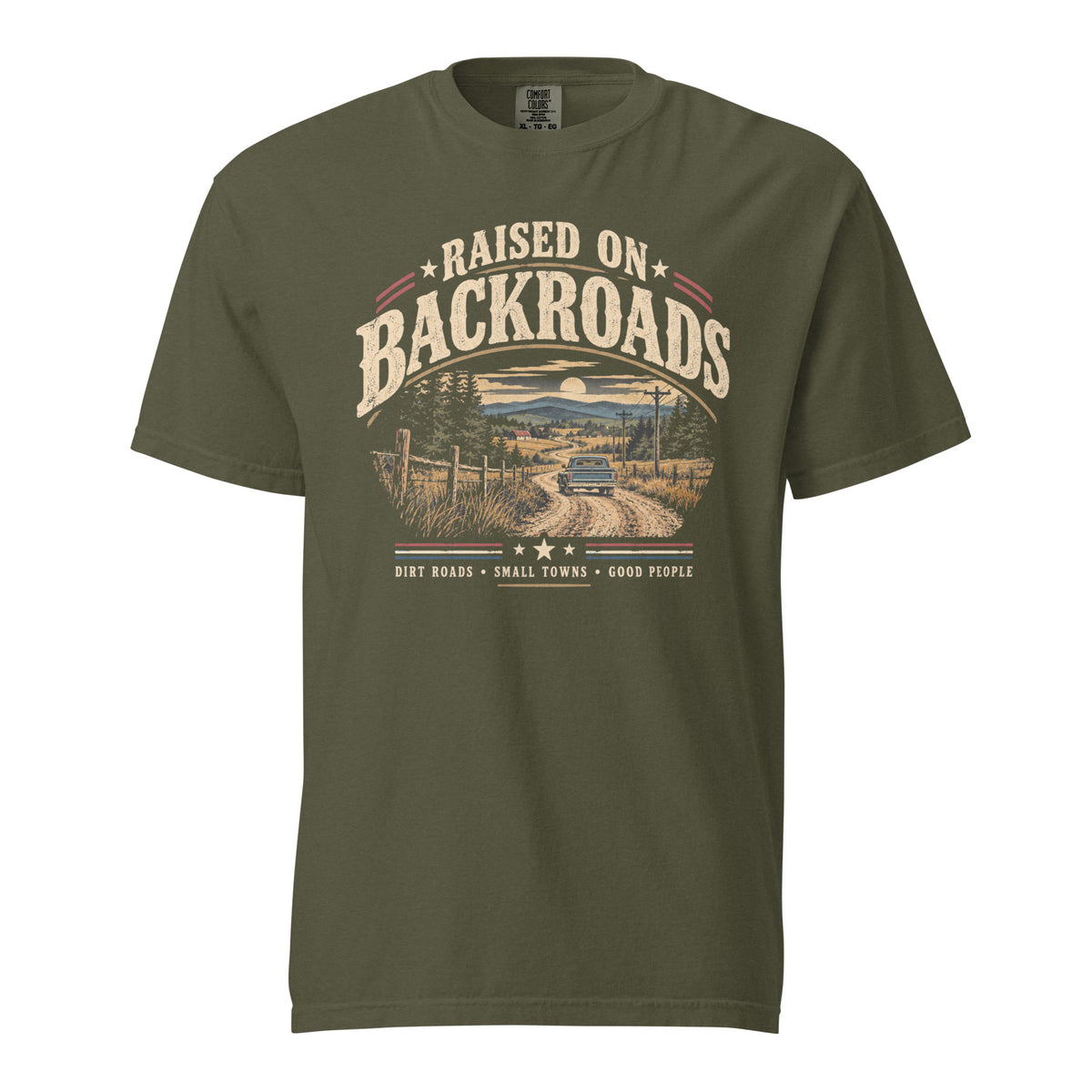 green men's t-shirt with text saying "Raised on backroads" above a dirt road with truck graphic, red, white and blue accents
