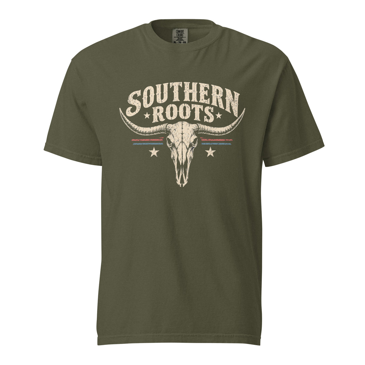 green men's shirt with southern roots written above a longhorn bone silhouette with star and stripe accents