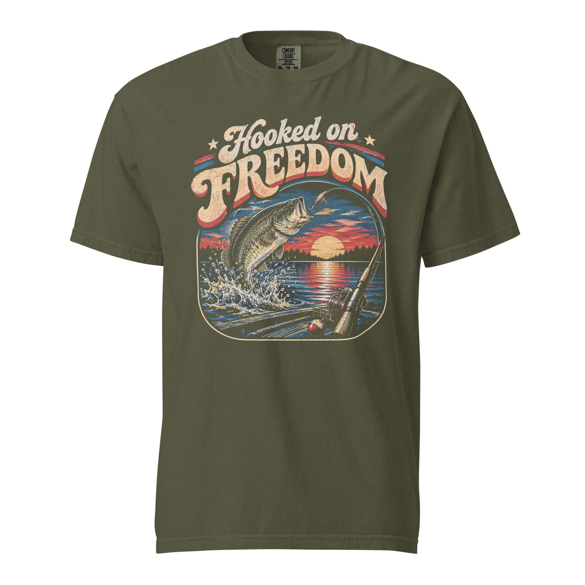green men's t-shirt with Hooked on freedom written in large vintage lettering, with a sunset and bass graphic 