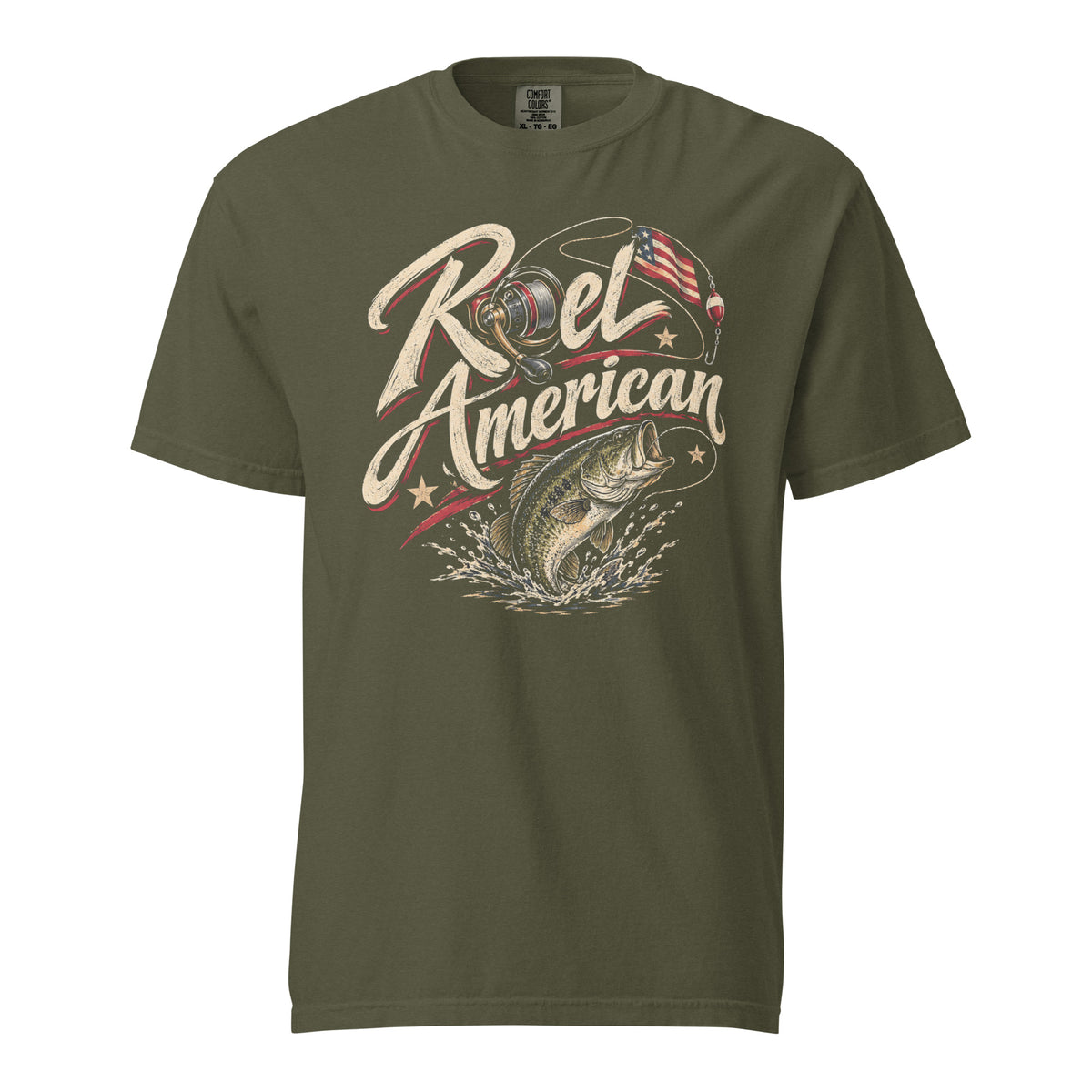 green men's t-shirt with Reel American written in large lettering, with a fishing reel as one of the letters and bass graphic 