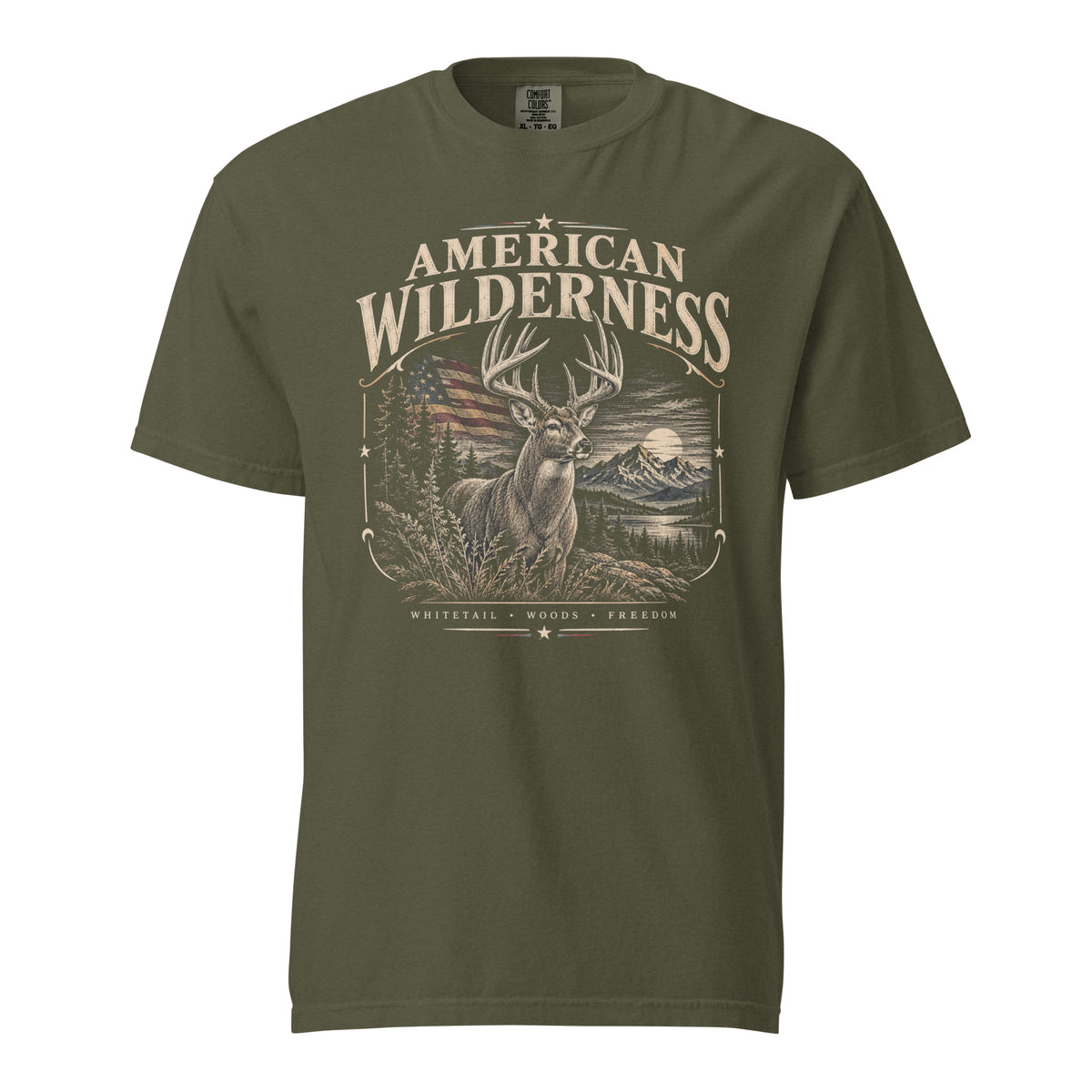 green men's t-shirt with "American Wilderness" across the top, and a whitetail buck graphic with an American flag and small lettering along the bottom