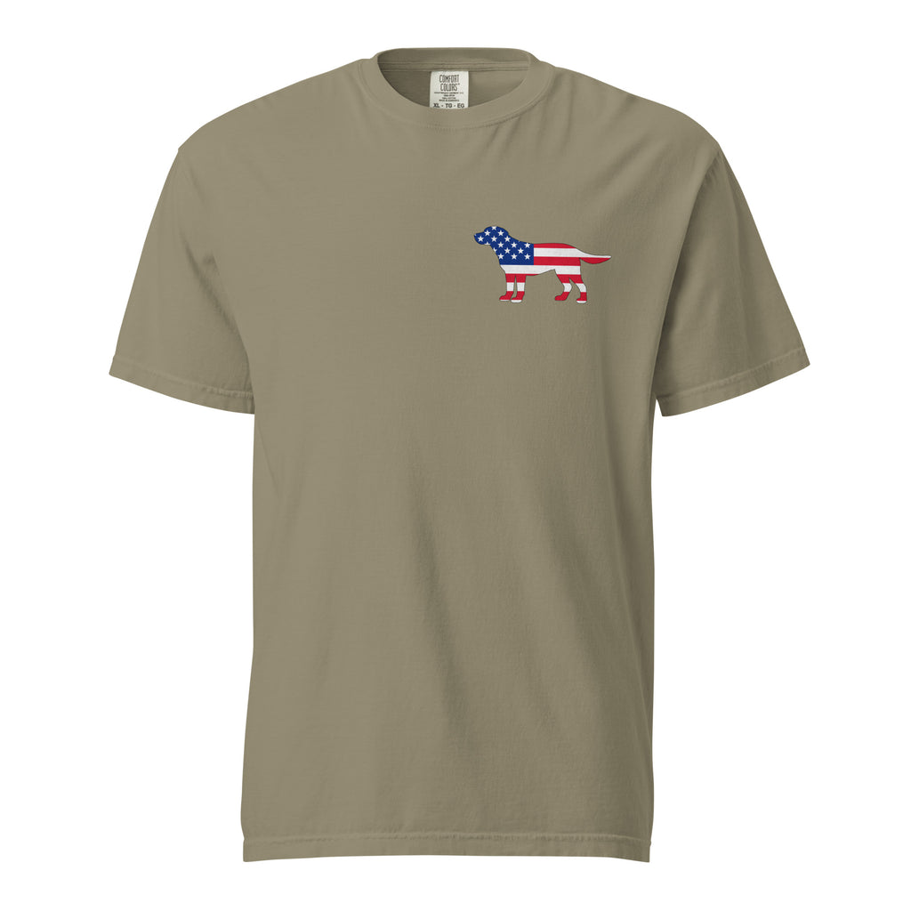 Green men's t-shirt with American flag dog on front and American flag made of paw prints on the back