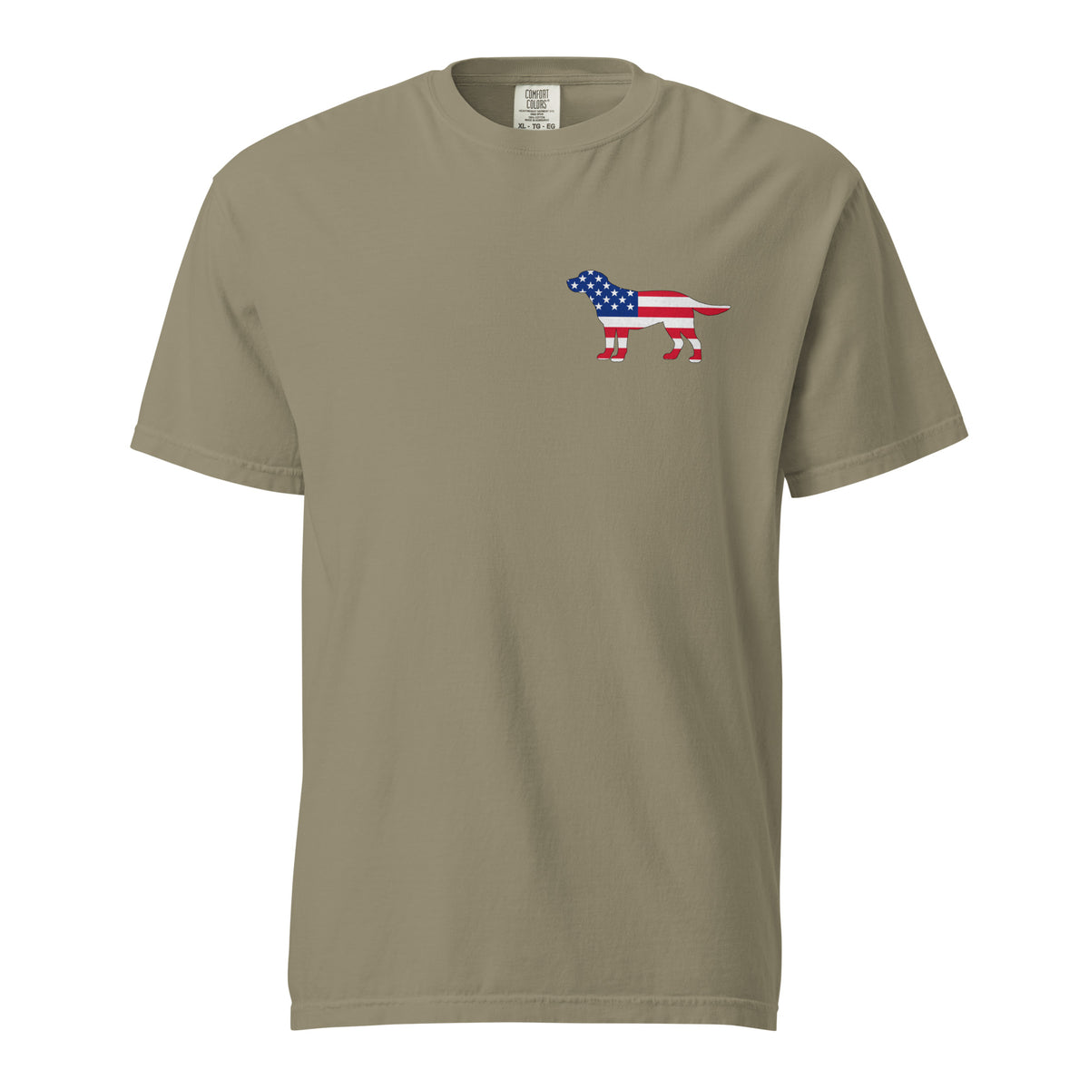 Green men's t-shirt with American flag dog on front and American flag made of paw prints on the back