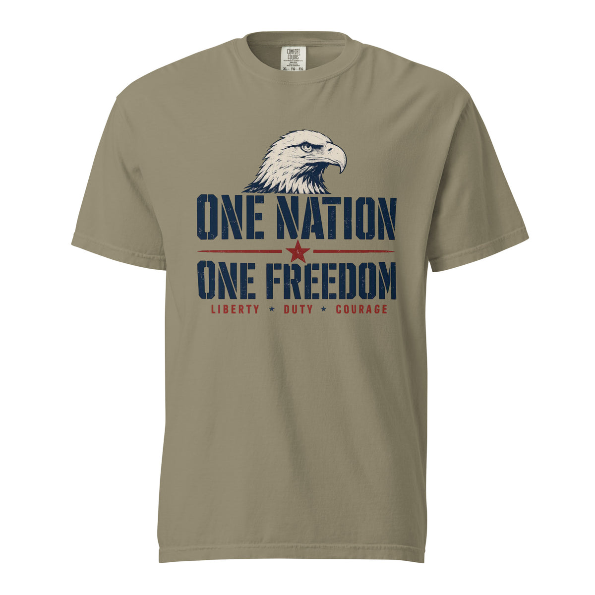 Green men's t-shirt with an eagle head, and One Nation One Freedom written under. With some star accents and "Liberty Duty Courage" at the bottom.