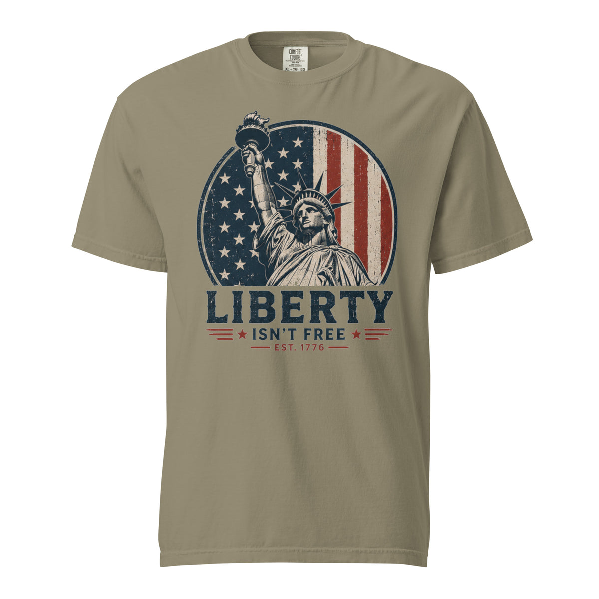 Green men's t-shirt with American flag statue of liberty graphic, and text that says "Liberty isn't free" underneath