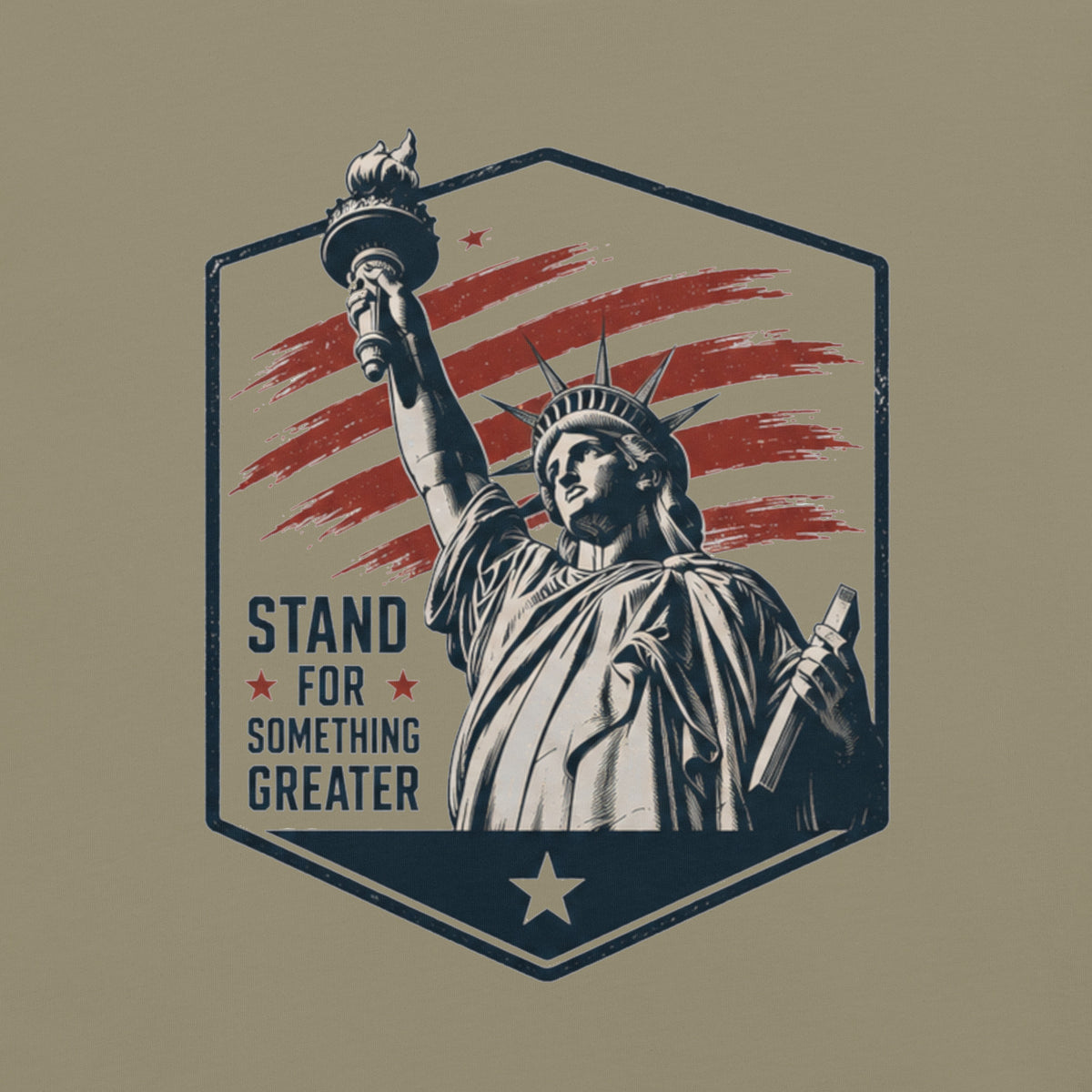 Green men's t-shirt with statue of liberty and red stripes, that says "Stand for something greater" beside it