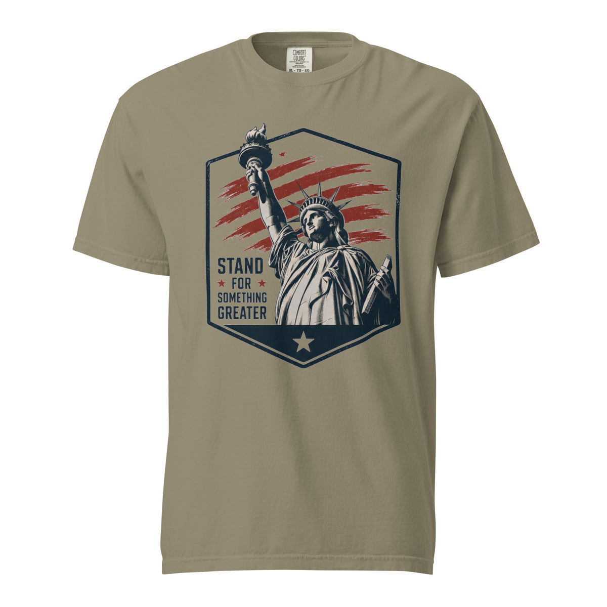 Green men's t-shirt with statue of liberty and red stripes, that says "Stand for something greater" beside it