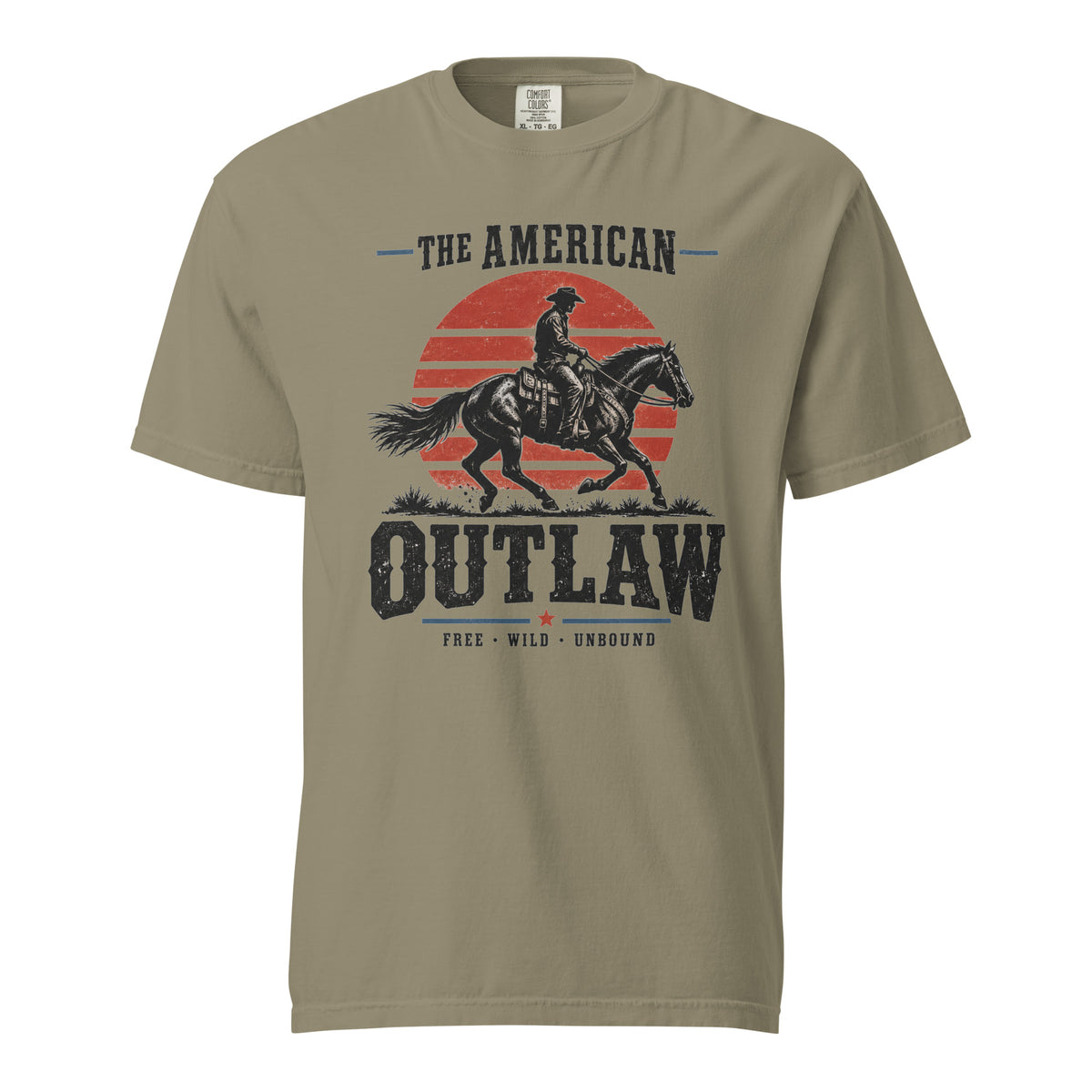 green men's t-shirt with a sun setting silhouette and cowboy riding horse with "The American Outlaw" written above and below
