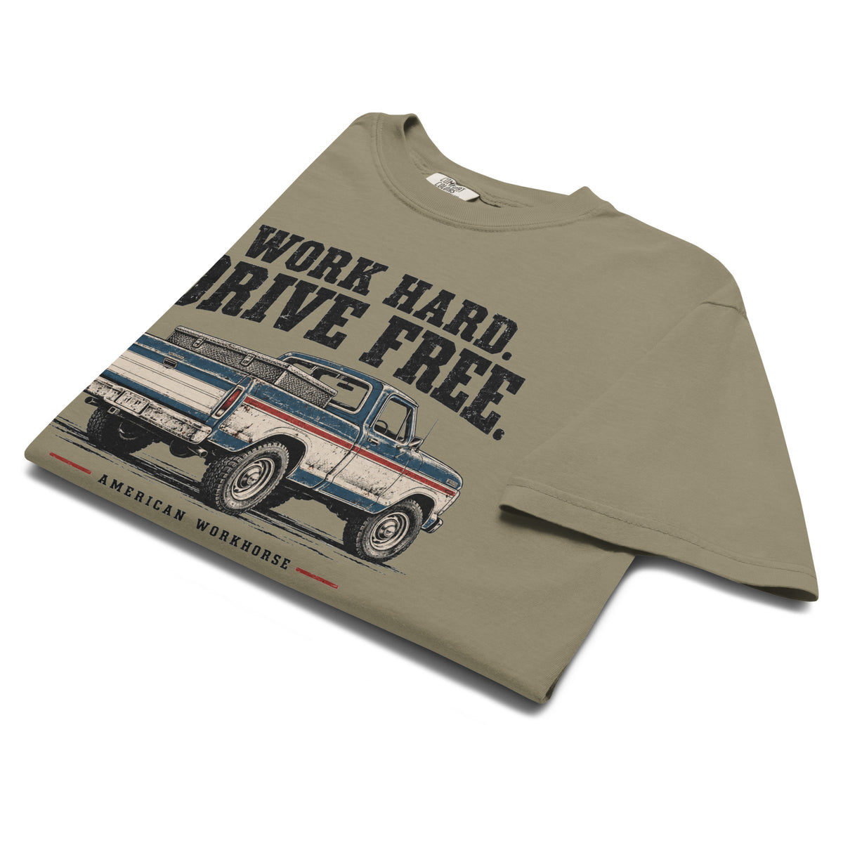 green men's t-shirt that says Work hard. Drive Free. above a vintage American truck colored dusty red, white and blue