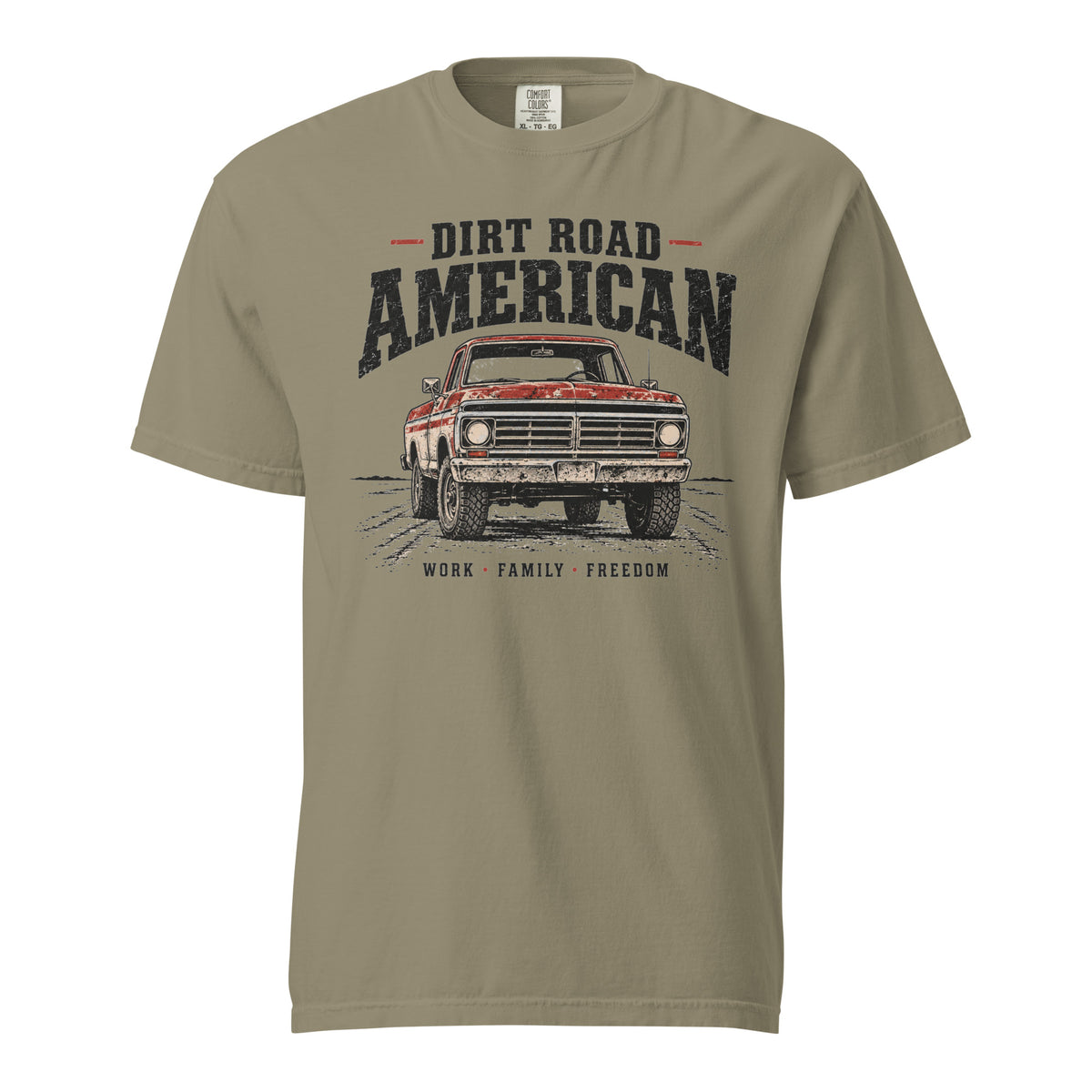 green men's t-shirt that says Dir Road American above a vintage American truck colored dusty red on a dirt road silhouette