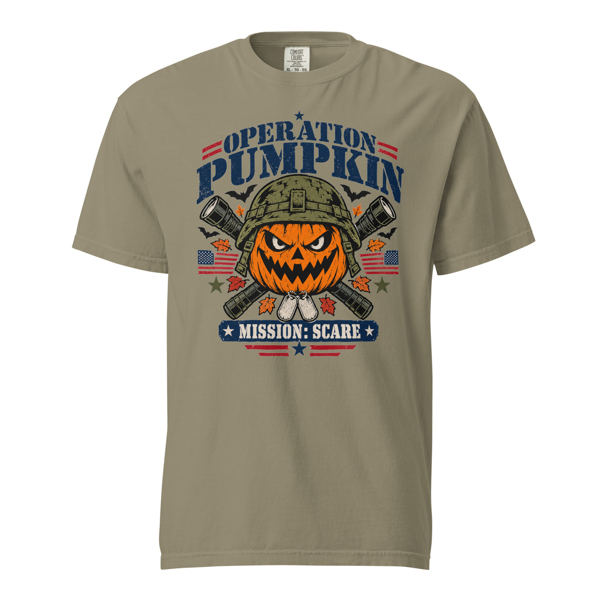 Green t-shirt with military pumpkin focal point, text saying "Operation pumpkin, Mission: Scare" along the top and bottom, with bats, leaves, and other fall accents