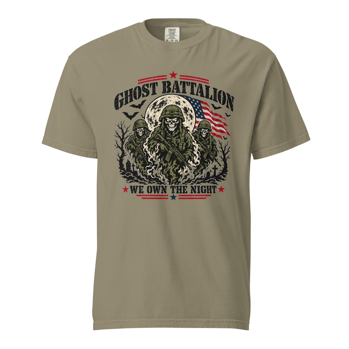 green t-shirt with three skeleton military soldiers in spooky scene with Ghost Battalion written above and We Own the Night below