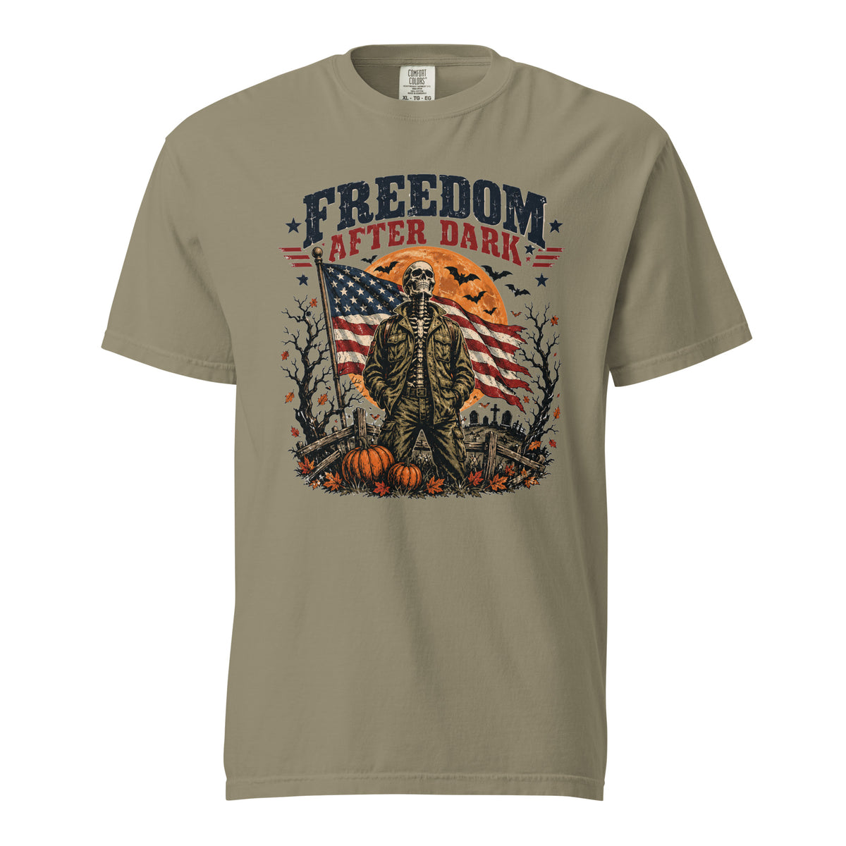green t-shirt with skeleton in front of American flag and moon, with Freedom after dark text above, and Halloween icon detail accents