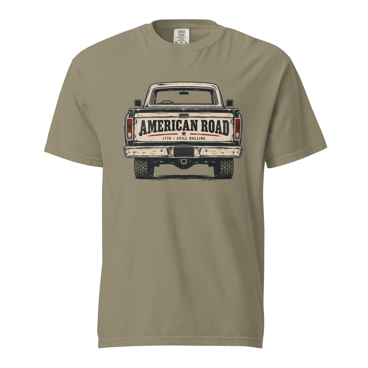 green men's t-shirt with American Road written across the tailgate of a vintage American truck