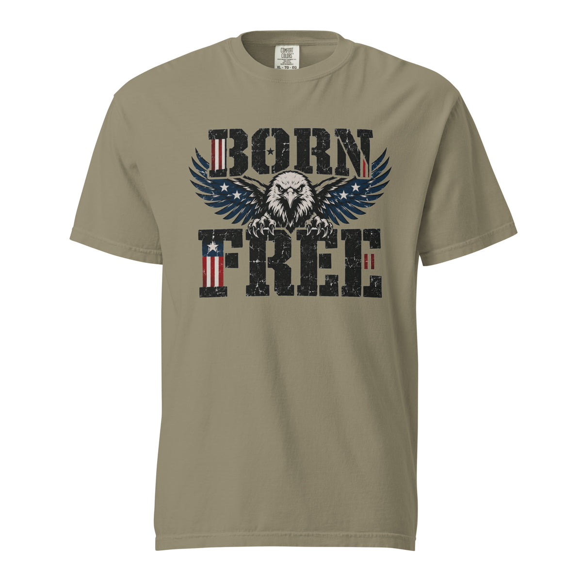 green men's t-shirt with Born Free written in large letters and an eagle breaking through between them