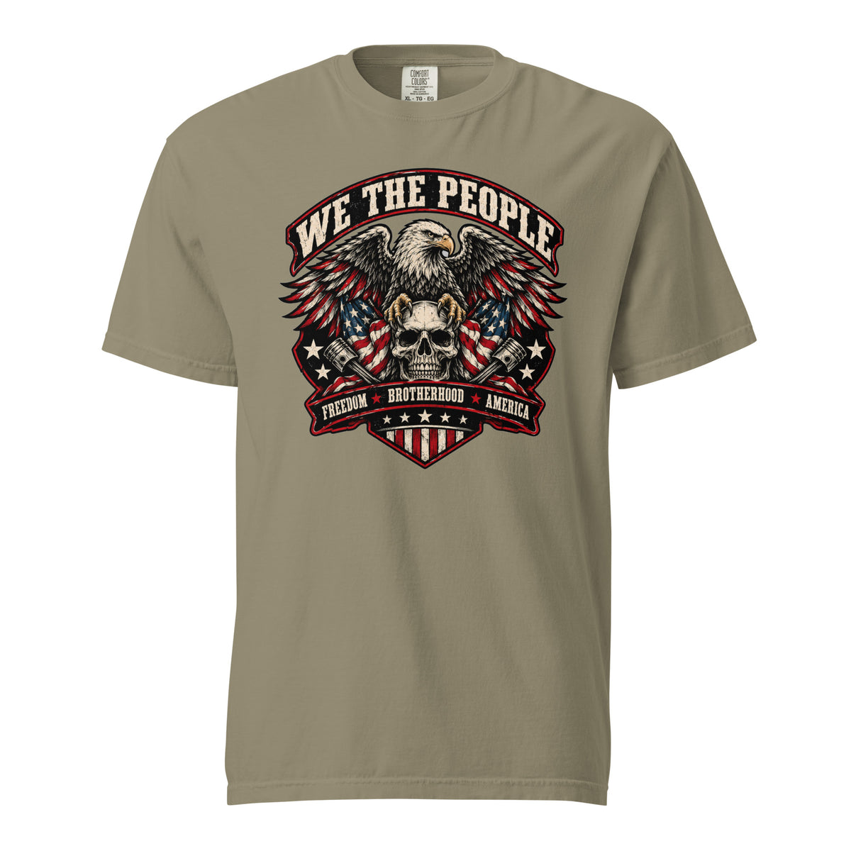green men's t-shirt with "we the people" across the top and an eagle standing on a skull graphic below, with written "Freedom Brotherhood America" at the bottom