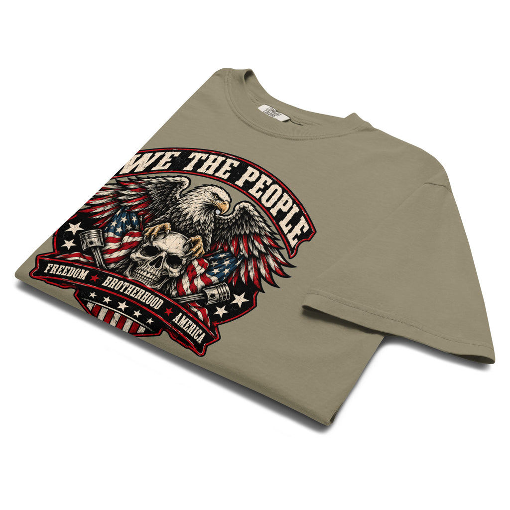 green men's t-shirt with "we the people" across the top and an eagle standing on a skull graphic below, with written "Freedom Brotherhood America" at the bottom