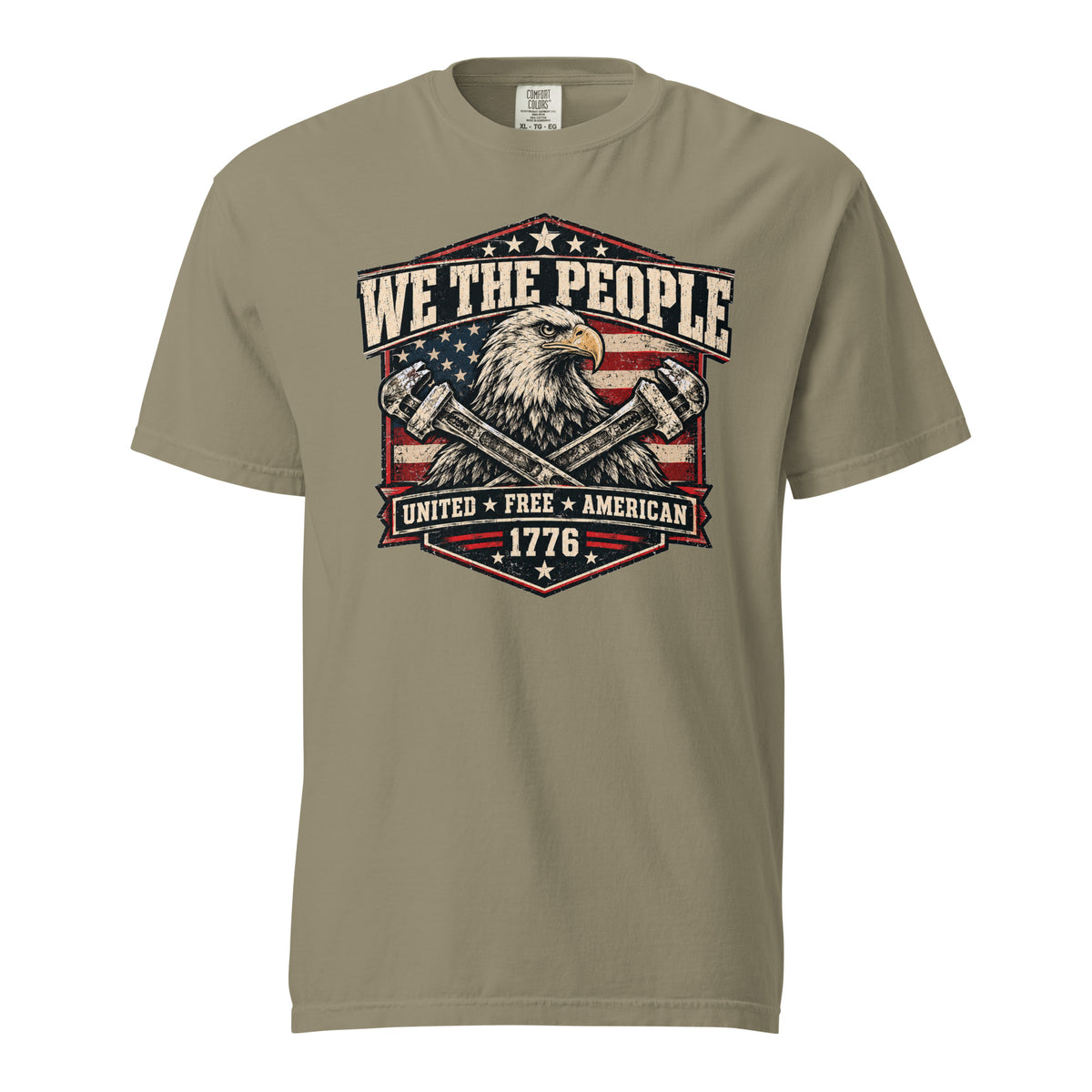 tan men's t-shirt with "we the people" across the top and an eagle with two wrenches graphic below, with written "United Free America" at the bottom
