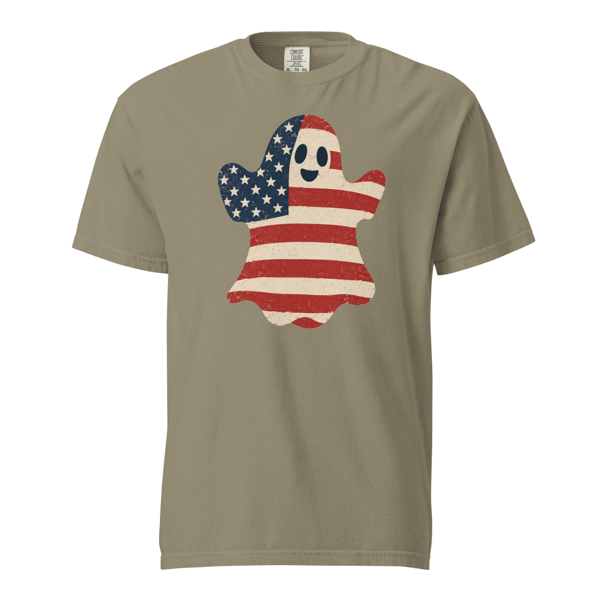 men's green t-shirt for Halloween with a simple ghost silhouette filled with vintage American flag