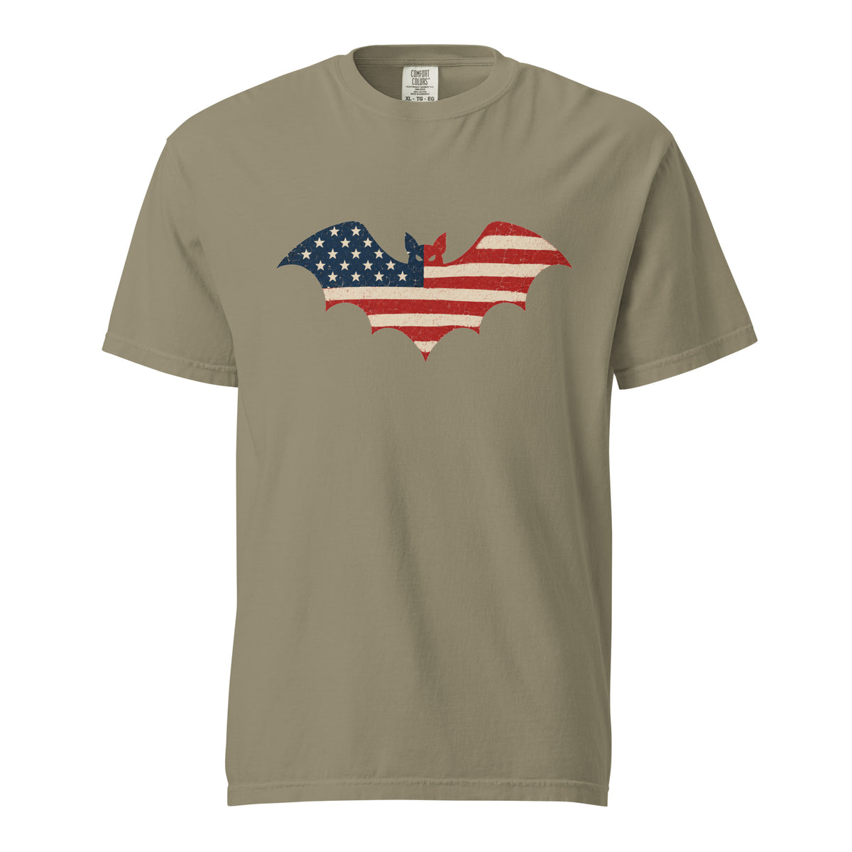 green men's t-shirt for Halloween with a simple bat silhouette filled with vintage American flag