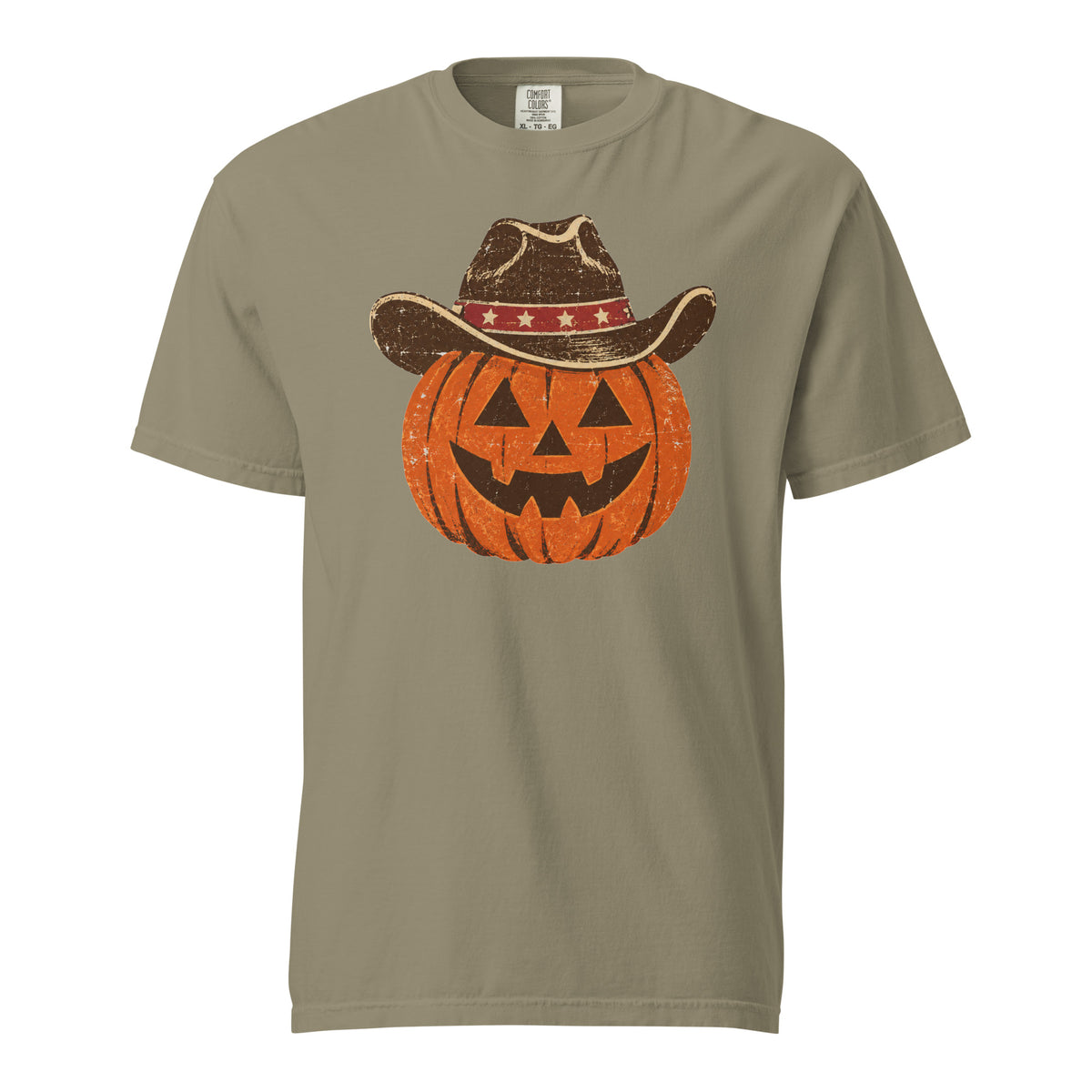 green men's t-shirt for Halloween with a simple pumpkin carved silhouette with vintage American cowboy hat on top