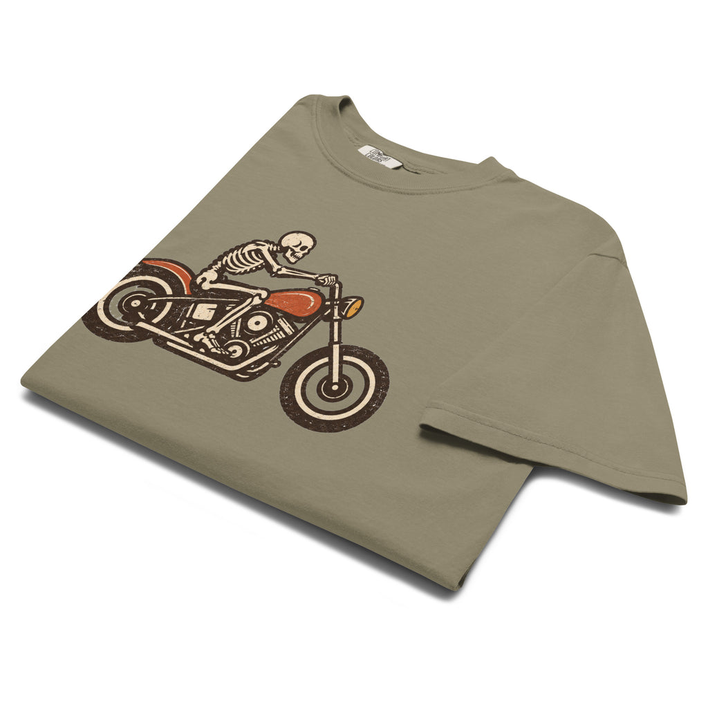 green men's Halloween t-shirt with vintage print of skeleton riding a motorcycle simple graphic