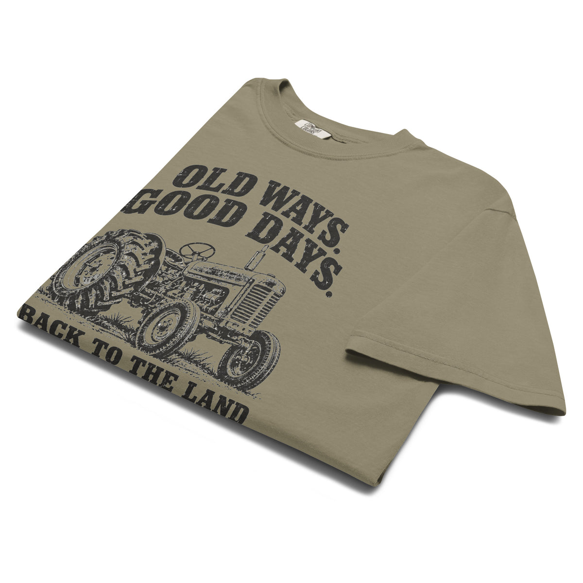 men's green t-shirt with vintage tractor graphic, and the words "old ways. good days. back to the land" written above and below