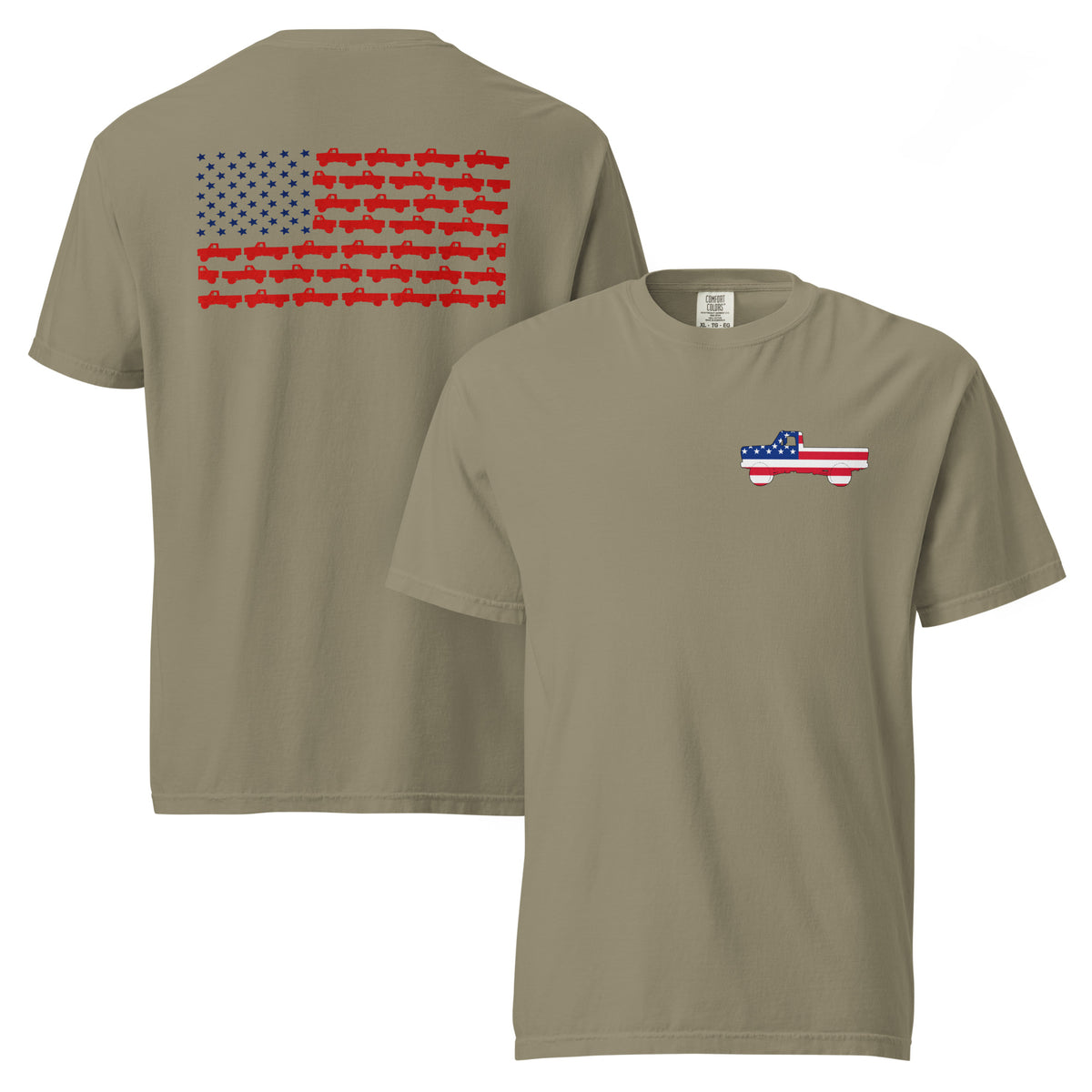 green men's t-shirt with American flag truck on the front and American flag made of trucks on the back