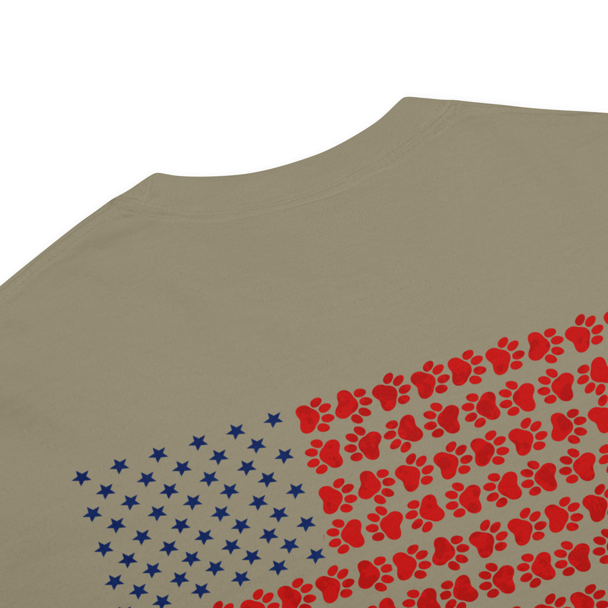 Green men's t-shirt with American flag dog on front and American flag made of paw prints on the back