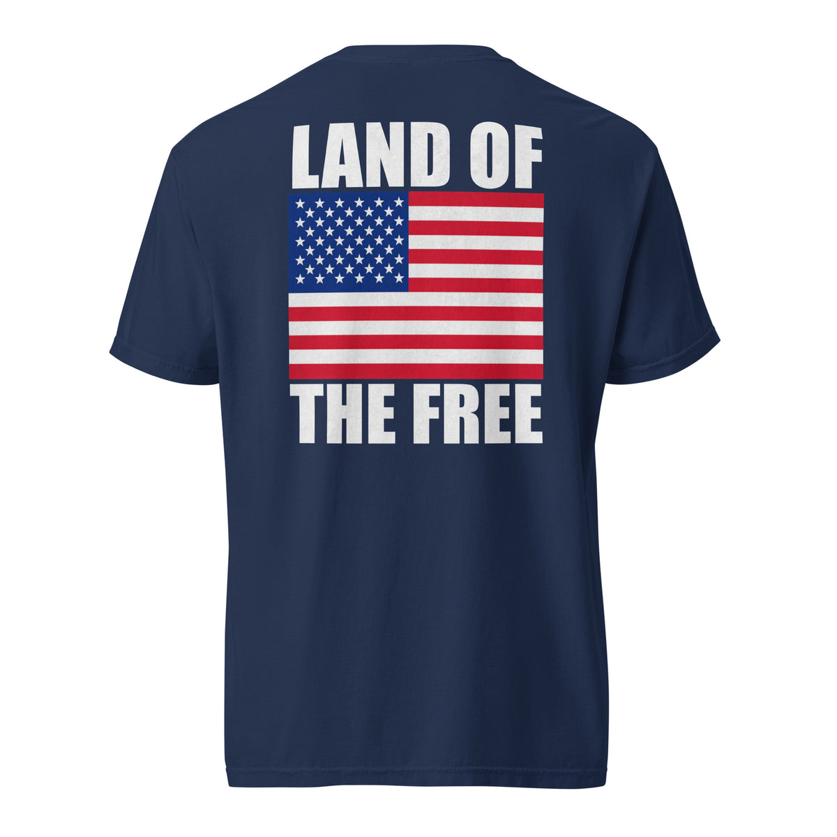 Men's blue t-shirt with Land of the free written above and below an American flag