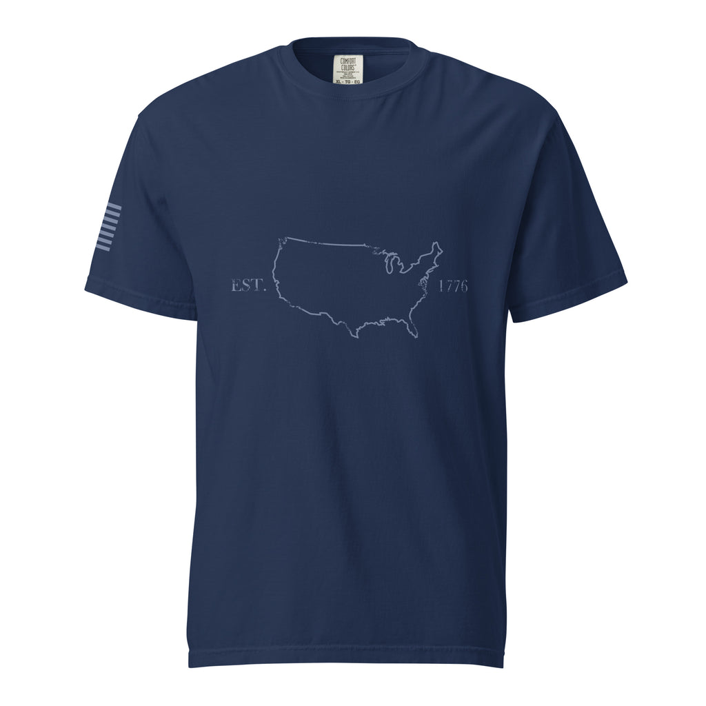 Blue men's USA outline 1776 and American flag sleeve t-shirt