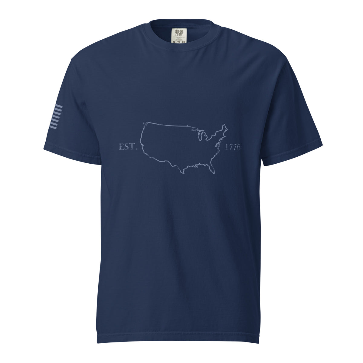 Blue men's USA outline 1776 and American flag sleeve t-shirt