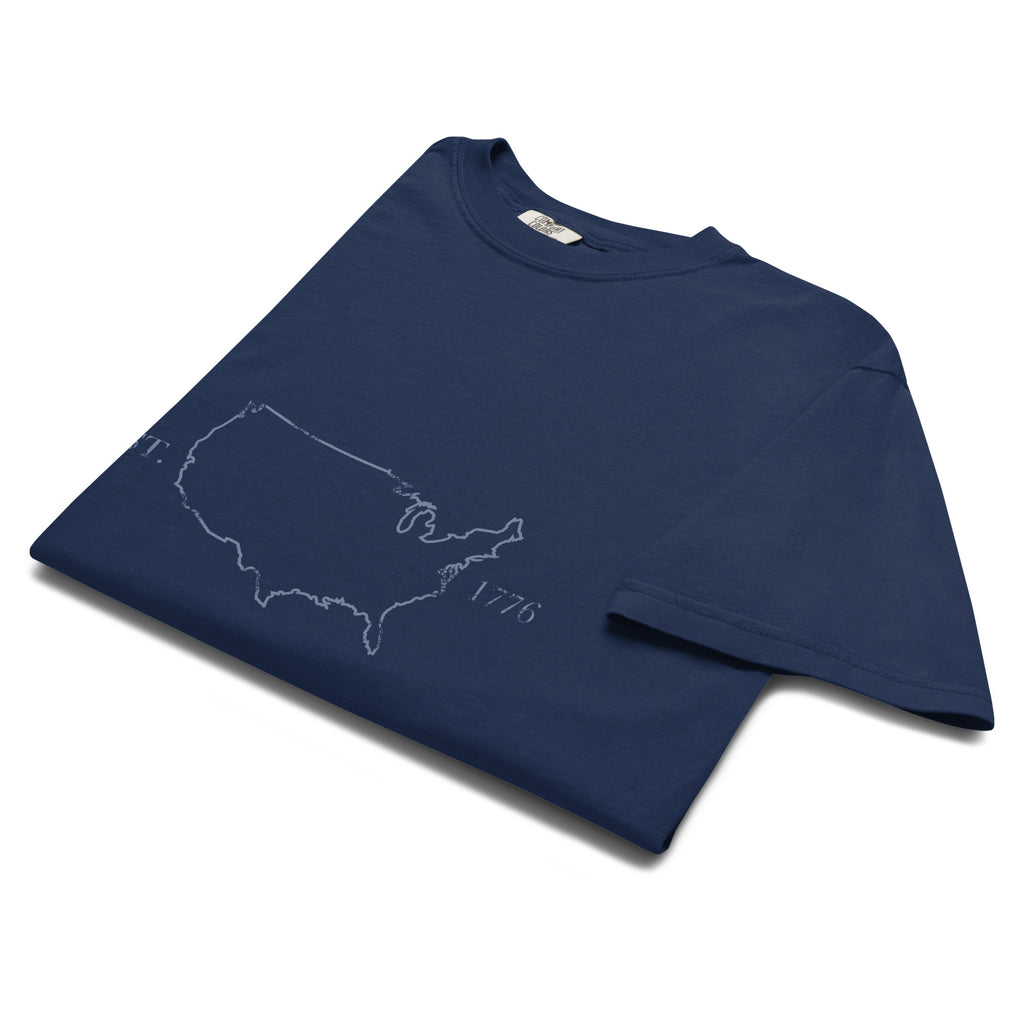 Blue men's USA outline 1776 and American flag sleeve t-shirt