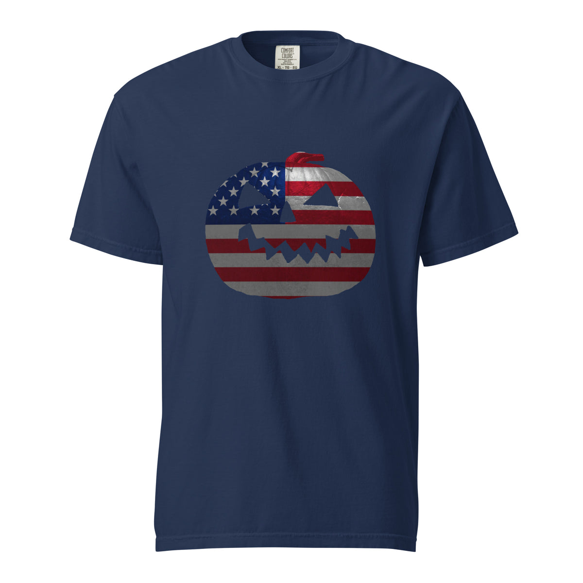 Blue mens Halloween t-shirt with a jack-o-lantern pumpkin design and American flag