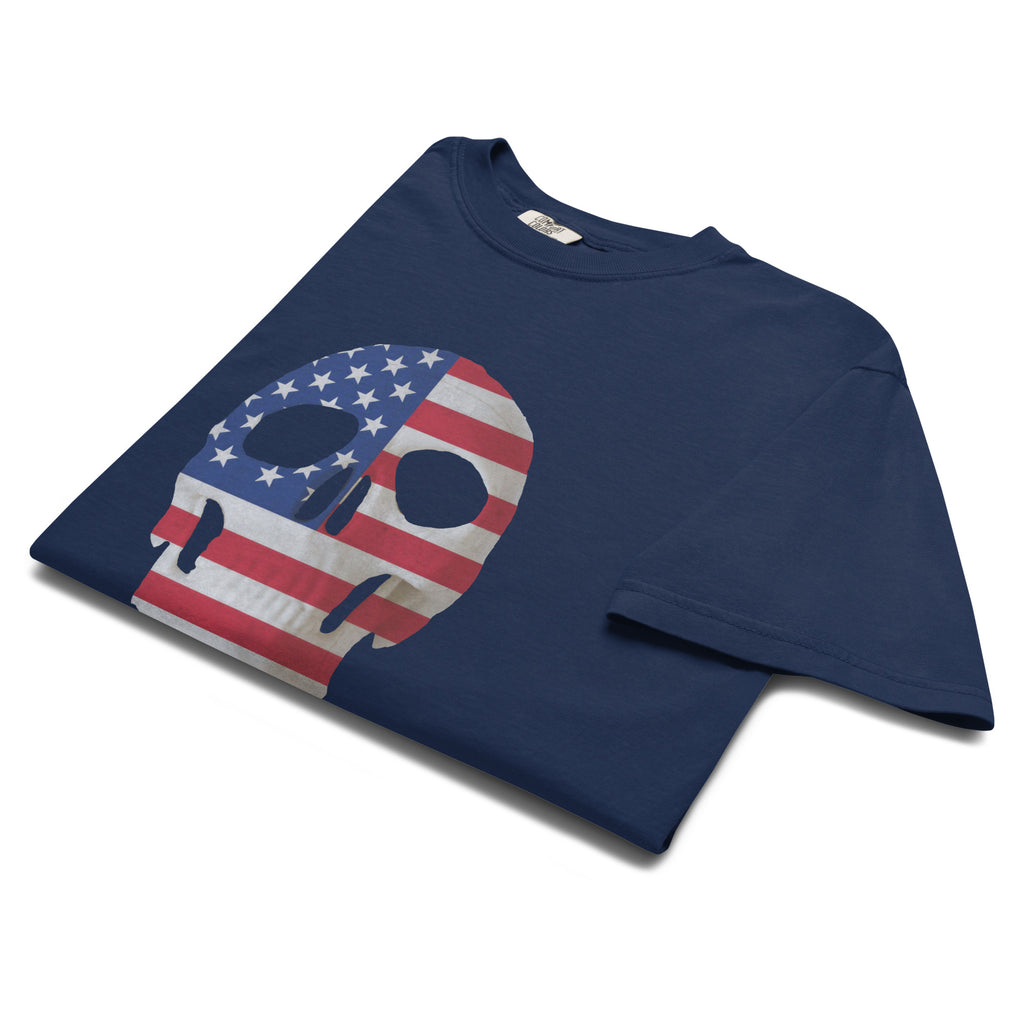 Men's navy t-shirt for Halloween with a skull and American flag combination on the front