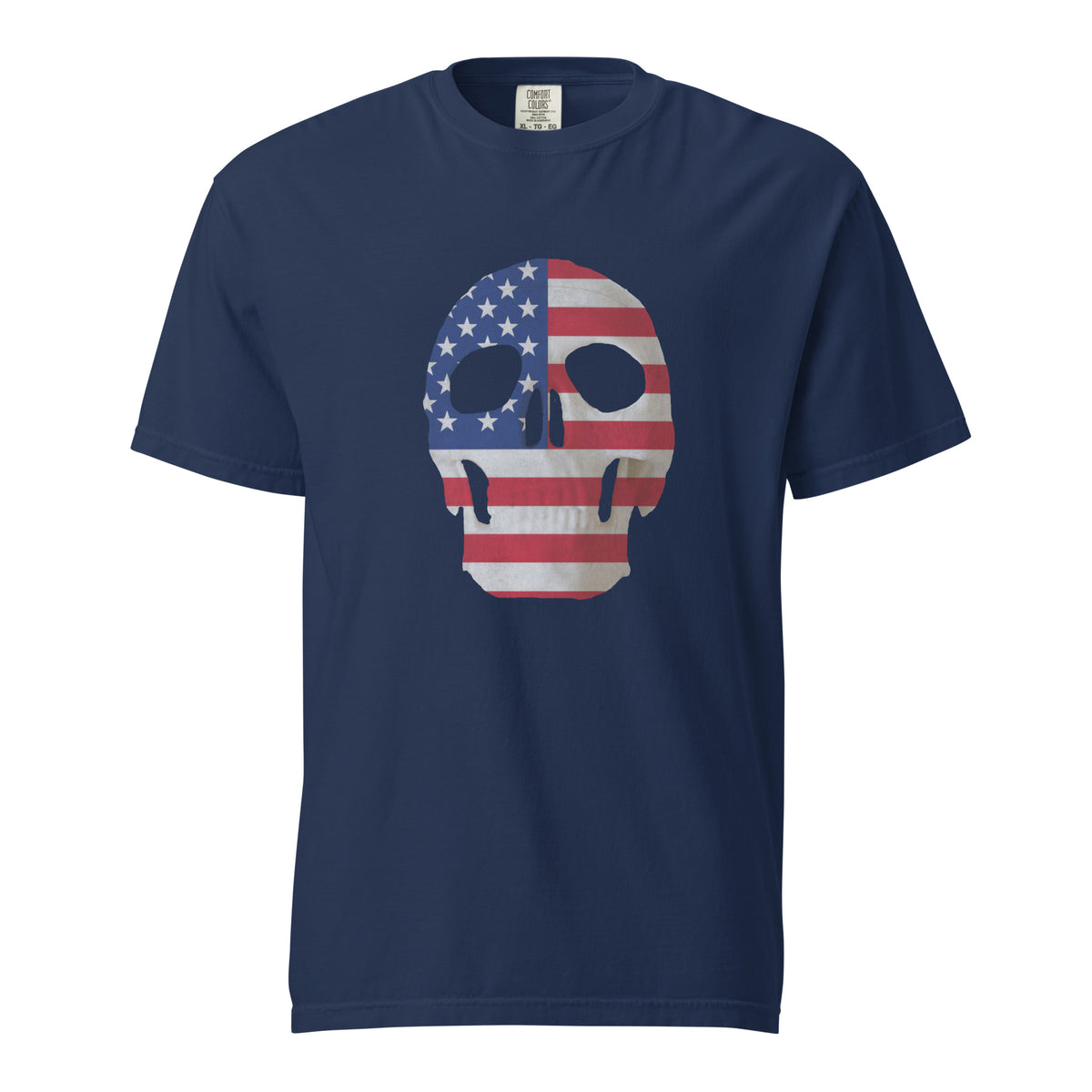 Men's navy t-shirt for Halloween with a skull and American flag combination on the front