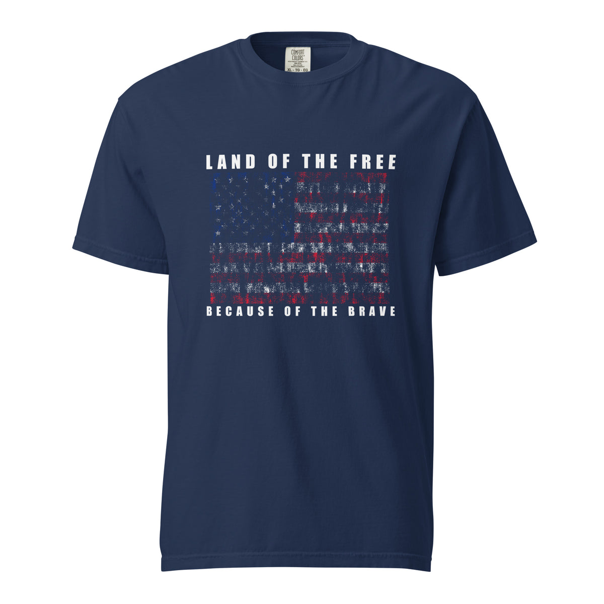 Men's blue t-shirt with land of the free because of the brave written above and below a distressed American flag design