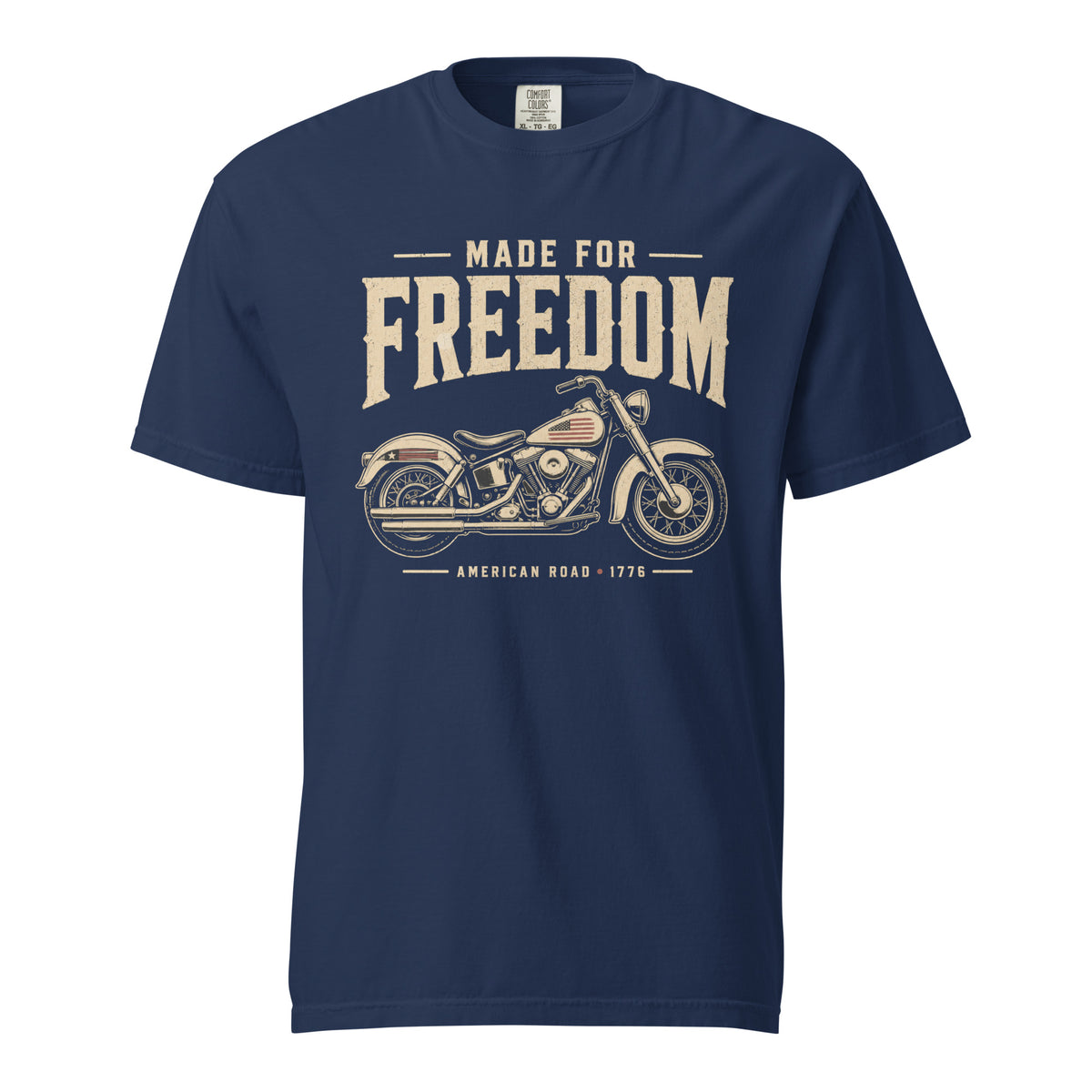 Men's navy t-shirt that says Made for Freedom above a classic motorcycle graphic, and American Road 1776 at the bottom