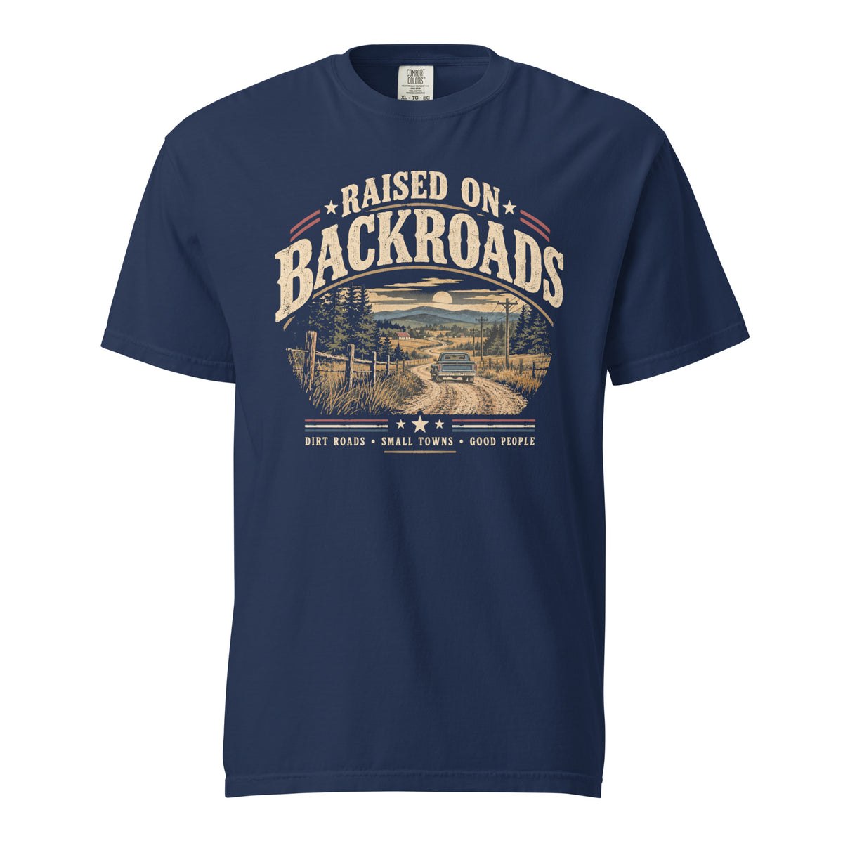 navy men's t-shirt with text saying "Raised on backroads" above a dirt road with truck graphic, red, white and blue accents