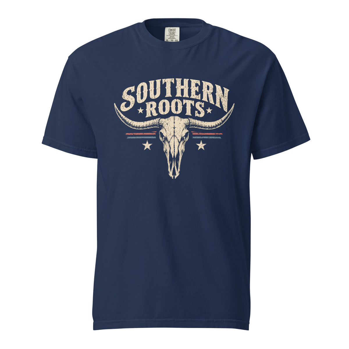 navy men's shirt with southern roots written above a longhorn bone silhouette with star and stripe accents