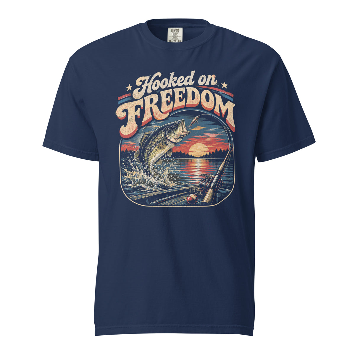 blue men's t-shirt with Hooked on freedom written in large vintage lettering, with a sunset and bass graphic 