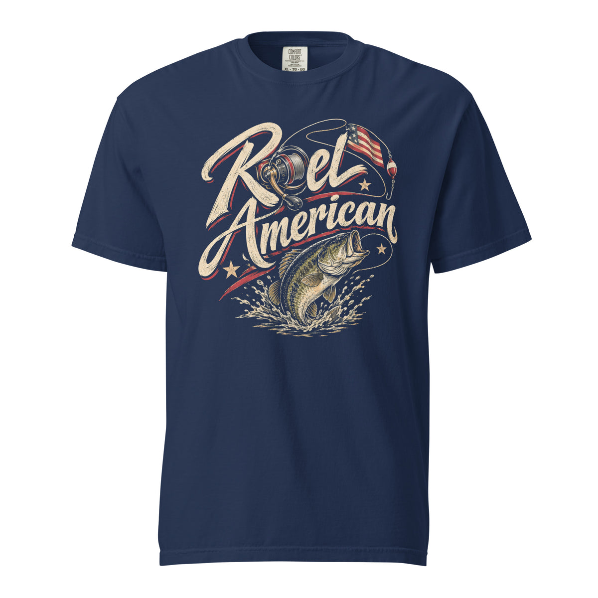 blue men's t-shirt with Reel American written in large lettering, with a fishing reel as one of the letters and bass graphic 